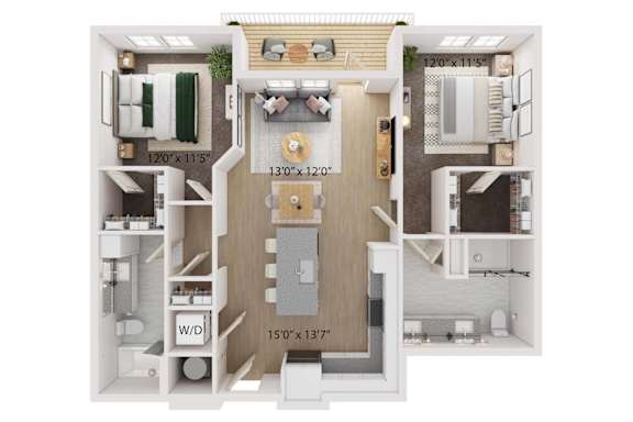 A floor plan of a small apartment with a living room, kitchen, and bathroom.
