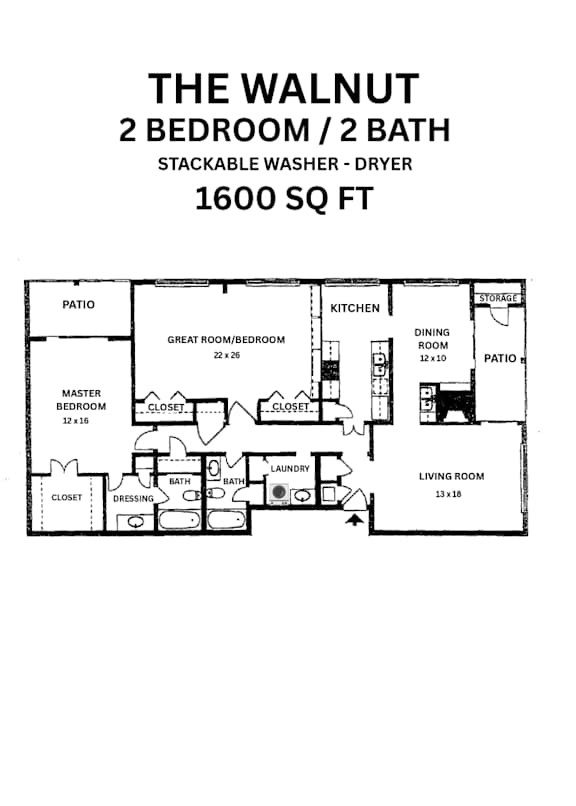A floor plan for a 2 bedroom, 2 bath apartment with a living room, kitchen, and bathroom.