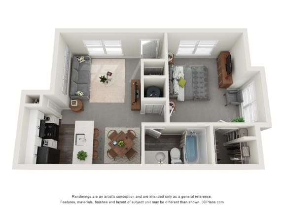 1 bed 1bath Latham Floor Plan at Wendover River Oaks Apartments, Greensboro, NC, 27409