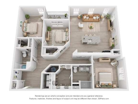 A 3D floor plan of a house with two bedrooms, a living room, a kitchen, and a bathroom.