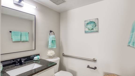 a bathroom with a sink and a mirror and a toilet at Bayville Apartments, Virginia Beach, VA