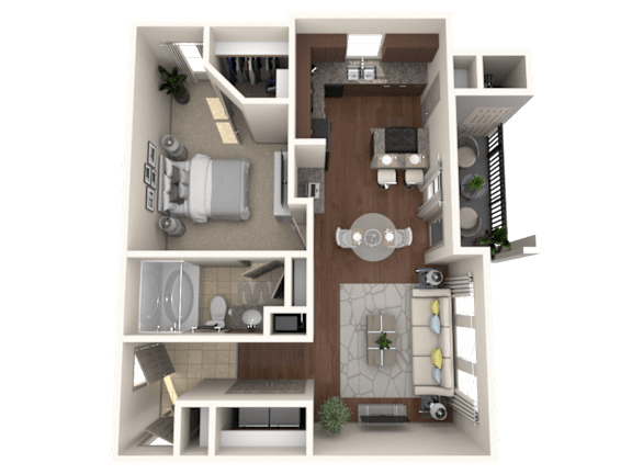 A 3D floor plan of a house showing a kitchen, living room, and bathroom.