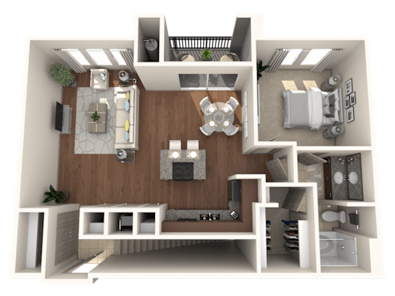 A 3D floor plan of a small apartment with a kitchen, living room, and bedroom.