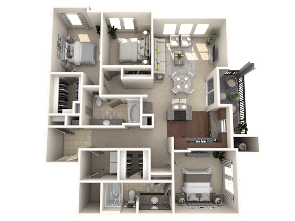 A 3D floor plan of a house showing a kitchen, living room, dining room, and bedrooms.
