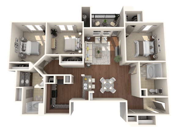 A 3D floor plan of a house layout.