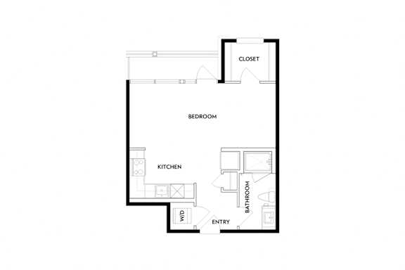 A floor plan of a small apartment with a closet, bedroom, kitchen, bathroom, and entry.