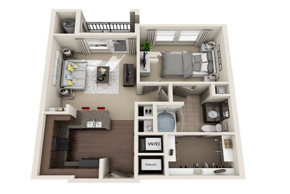A 3D floor plan of a small apartment with a kitchen, living room, and bathroom.