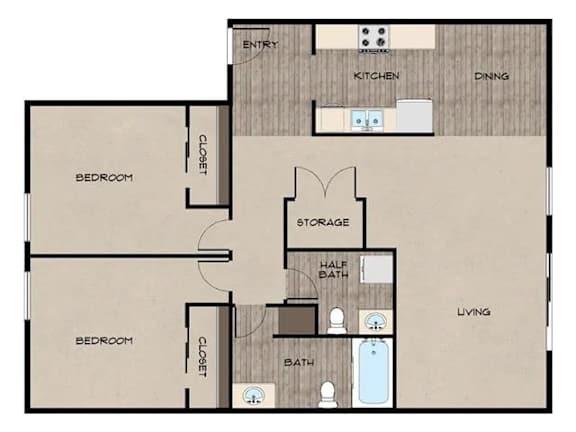 A floor plan of a house with two bedrooms, a storage area, a half bath, a living room, a kitchen, and a dining area.