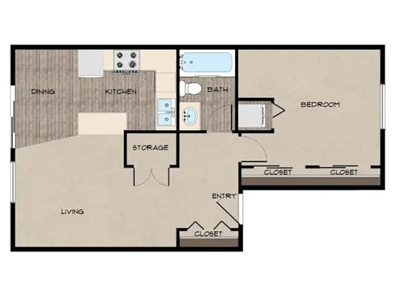 A floor plan of a house with a living room, dining room, kitchen, bathroom, bedroom, storage, and two closets.