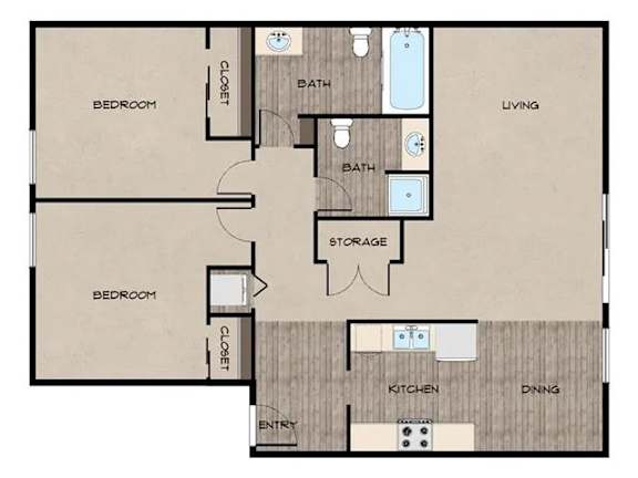 A floor plan of a house with two bedrooms, a storage area, a kitchen, a dining area, a living room, and two bathrooms.