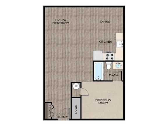 A floor plan of a small apartment with a living room, dining room, kitchen, bathroom, and dressing room.