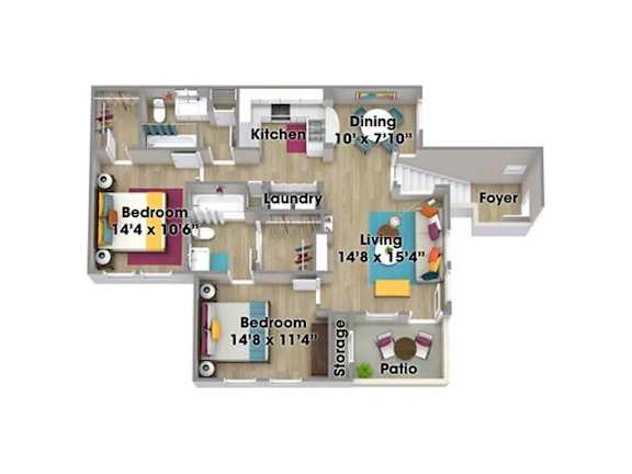 A floor plan of a house with three bedrooms, a living room, a dining room, a kitchen, a laundry room, a foyer, and a patio.