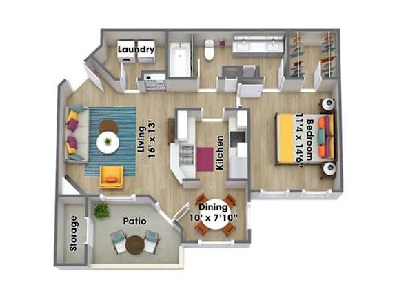 A floor plan of a small apartment with a laundry room, kitchen, dining room, and storage area.