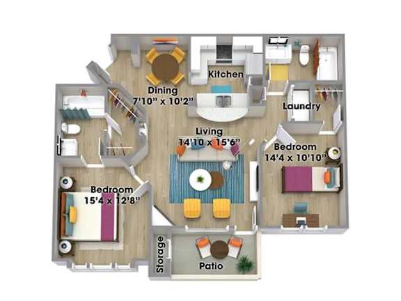 A floor plan of a house with a living room, two bedrooms, a kitchen, a dining room, a laundry room, and a patio.