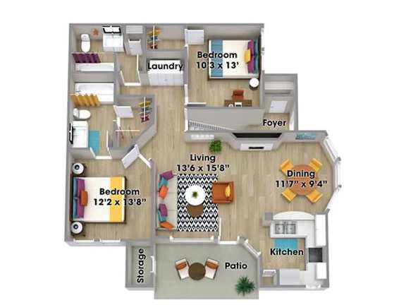 A floor plan of a two-bedroom apartment with a living room, dining room, kitchen, and laundry area.