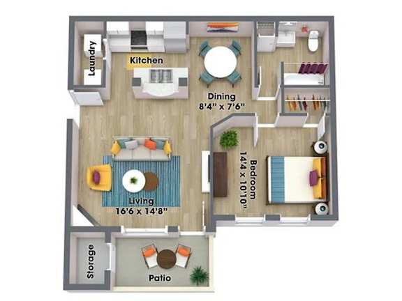 A floor plan of a small apartment with a living room, kitchen, dining room, bedroom, and storage area.