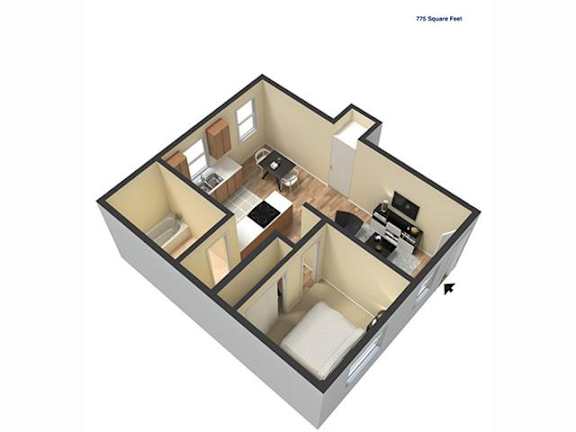 A 3D image of a 755 square feet floor plan.
