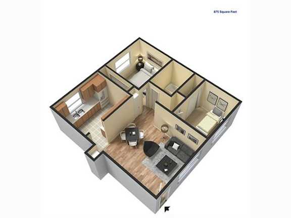A 3D floor plan of a 875 square foot home.