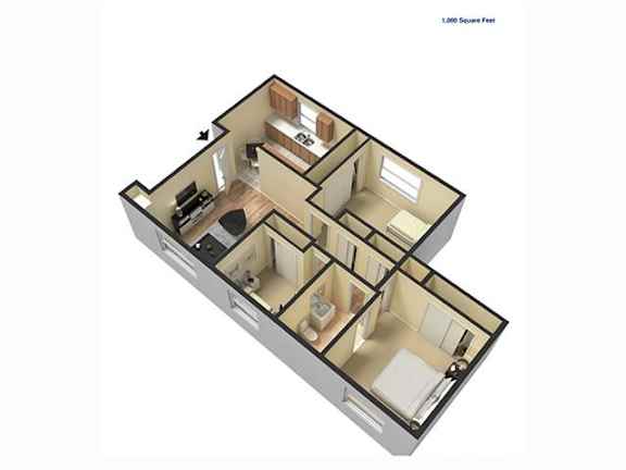 A 1,000 square foot floor plan of a house with a kitchen, living room, and two bedrooms.