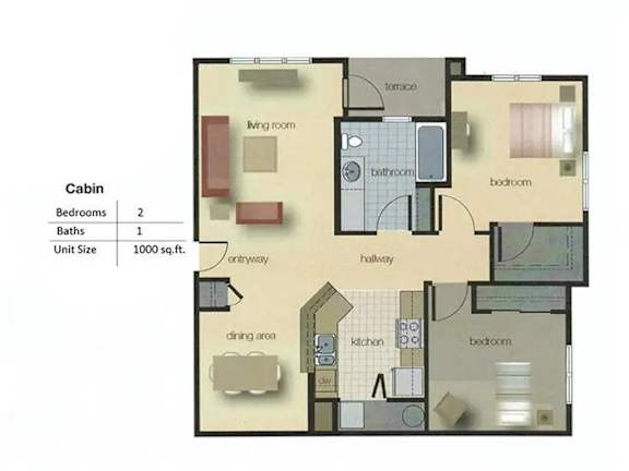 A floor plan of a cabin with two bedrooms, one bathroom, a living room, dining area, kitchen, and a hallway.