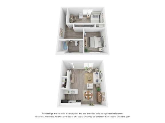 Two images of a small apartment layout with a kitchen, living room, and bedroom.