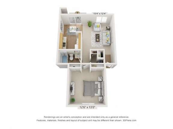 A 3D floor plan of a small apartment with a kitchen, living room, and bedroom.