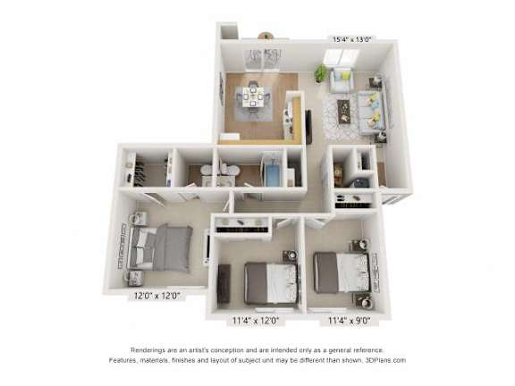 A 3D floor plan of a small apartment with a kitchen, living room, and two bedrooms.