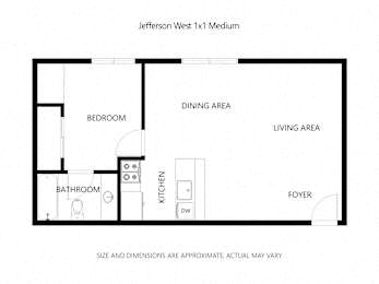 A floor plan of a Jefferson West 1k1t Medium apartment with a living area, dining area, bedroom, kitchen, bathroom, and foyer.