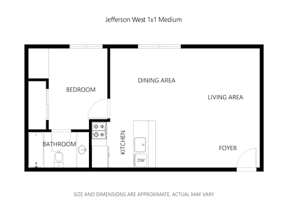 A floor plan of a 1 bedroom, 1 bathroom apartment with a living and dining area.