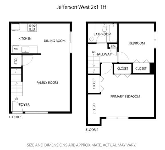 A floor plan of a two-story townhouse with a kitchen, dining room, family room, and bedrooms.