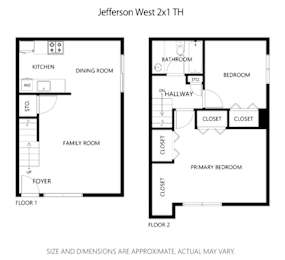 A floor plan of a two-story townhouse with labeled rooms.