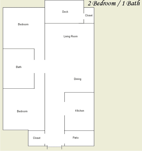 A diagram of a 2 bedroom/1 bathroom layout.