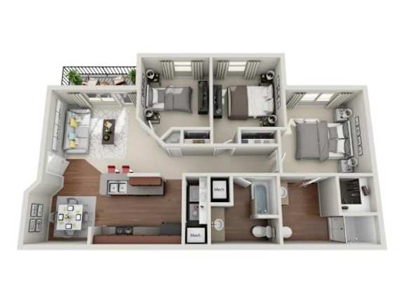 A 3D floor plan of a house with a kitchen, living room, and two bedrooms.