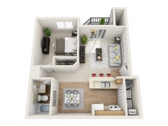 A 3D image of a small apartment layout with a kitchen, living room, and bathroom.