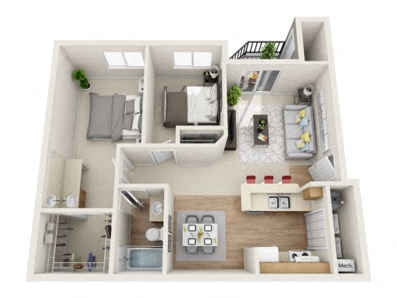 A 3D floor plan of a small apartment with a kitchen, living room, and bedroom.