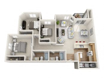 Floor Plan  A 3D floor plan of a house with a kitchen, living room, and two bedrooms.
