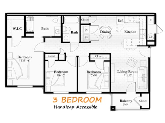 A floor plan of a handicap accessible 3 bedroom apartment.