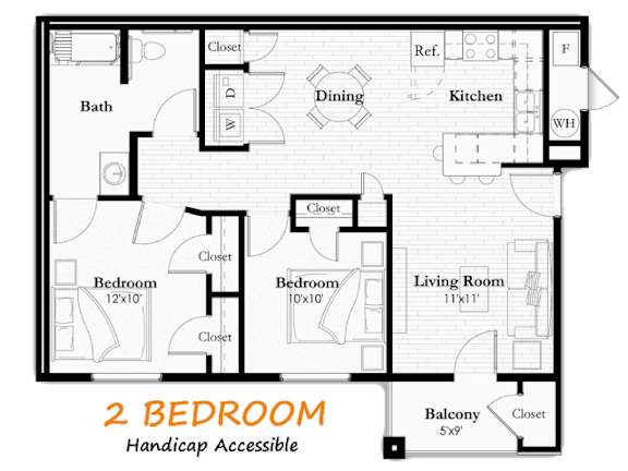 A floor plan of a 2 bedroom handicap accessible apartment.