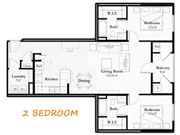 A 2 bedroom apartment floor plan with a living room, kitchen, dining area and bathrooms.