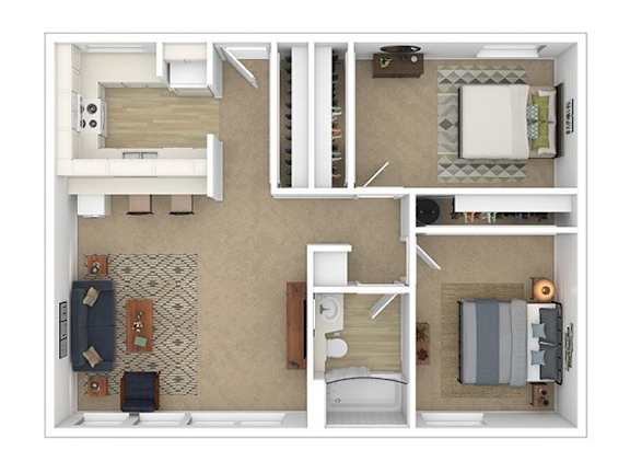 A floor plan of a small apartment with a kitchen, living room, and bathroom.