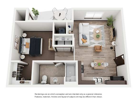 A top-down view of a modern apartment layout with a kitchen, living room, and bathroom.