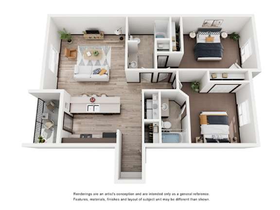 A top-down view of a house layout with a living room, kitchen, and bedrooms.
