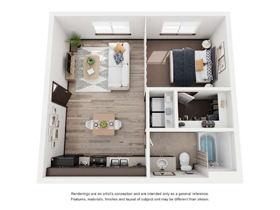 A floor plan of a small apartment with a living room, kitchen, and bathroom.