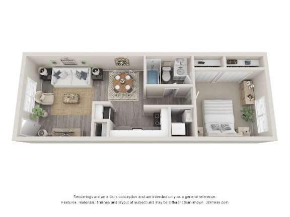 A white floor plan of a house with furniture and appliances.