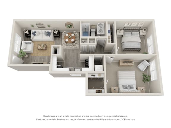 A floor plan of a small apartment with a kitchen, living room, and bedroom.