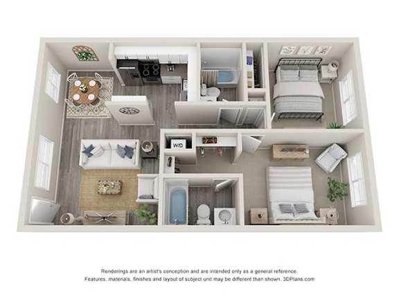 A 3D floor plan of a small apartment with a kitchen, living room, and bedroom.