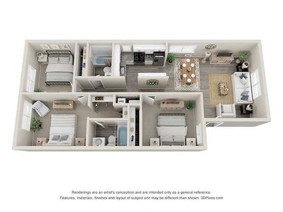 A 3D floor plan of a house with a kitchen, living room, and two bedrooms.