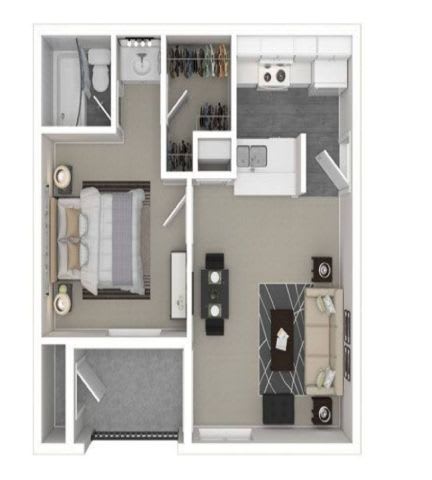 A floor plan of a small apartment with a kitchen, living room, and bathroom.