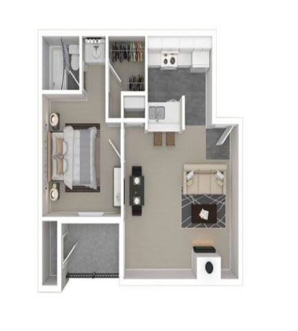 A floor plan of a small apartment with a kitchen, living room, and bathroom.
