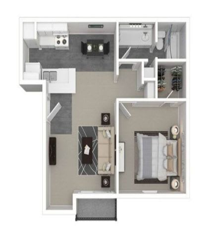 A floor plan of a small apartment with a kitchen, living room, and bathroom.